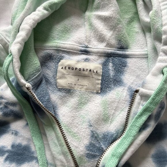 Aeropostale Womens Small Tie Dye Cotton Blend Cropped Full Zip Hoodie Blue Green - Picture 5 of 7
